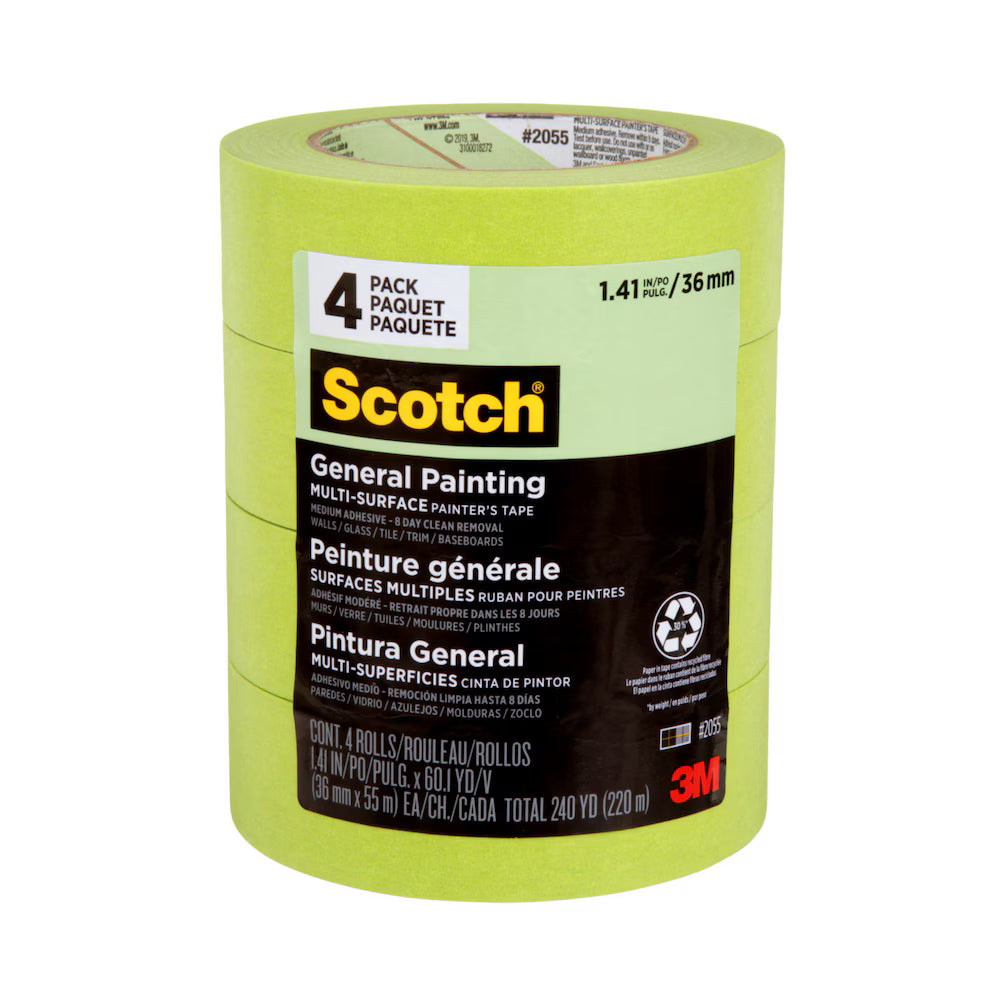 3M 4 Pack 1 1/2" Green 2055 Masking Tape