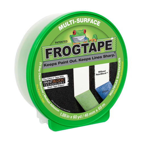 A roll of FrogTape multi-surface frog tape in green color, with packaging that includes the text '1.8 in.